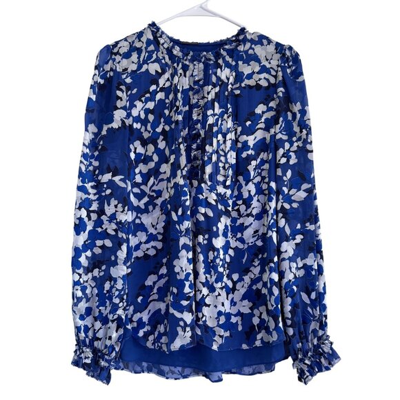Elie Tahari Tops - Women’s Elie Tahari Blue White Floral Silk Blend Ruffle Blouse Size Small